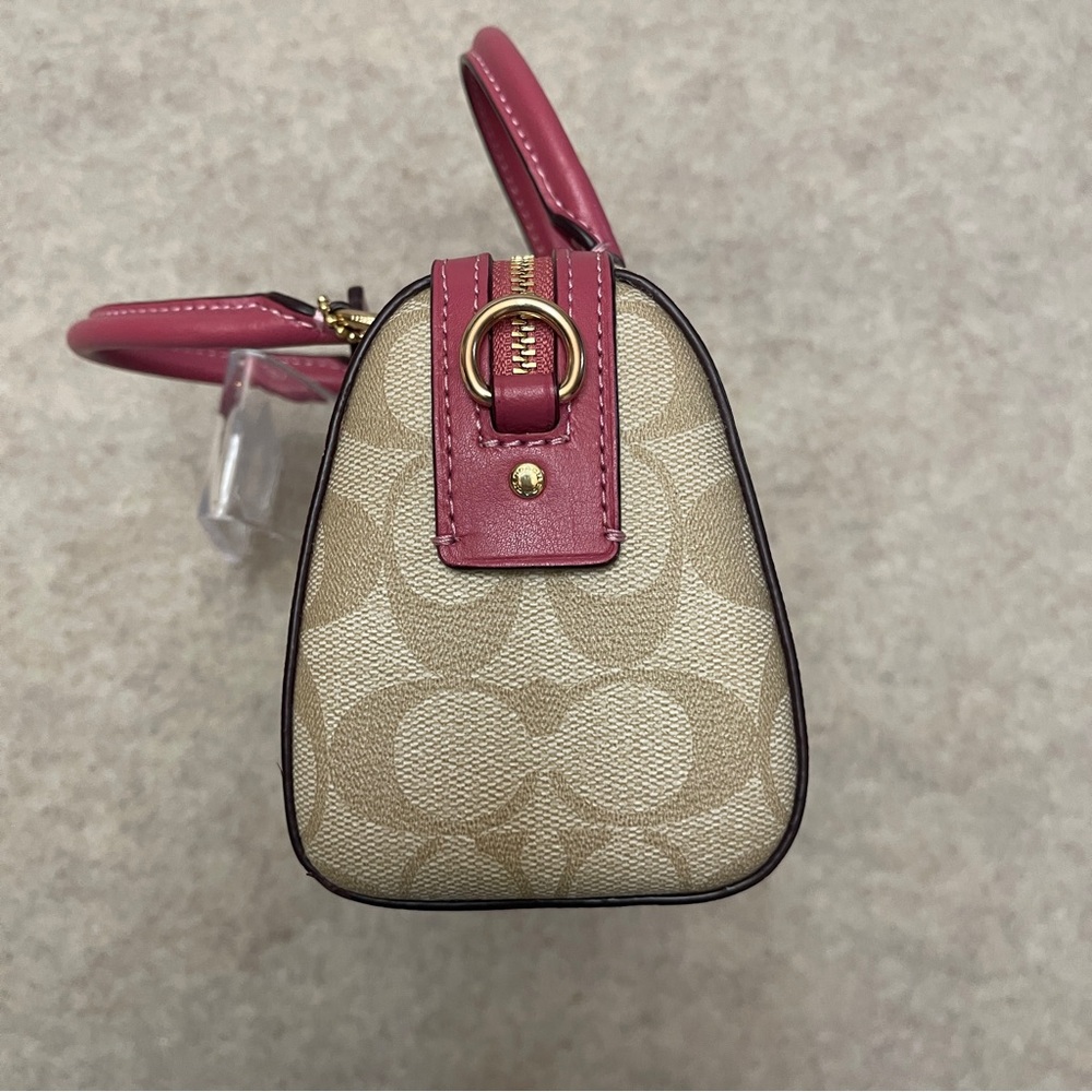 Coach Mini Rowan Signature Tan Canvas Pink Rogue Leather Trim Crossbody Bag - Picture 8 of 17